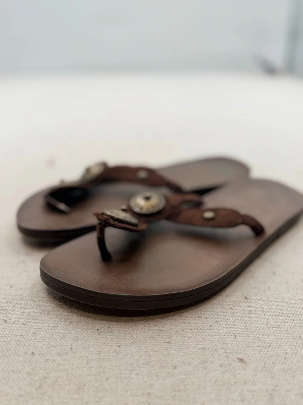 Mossimo Brown Leather Thong Sandals with Button Accent